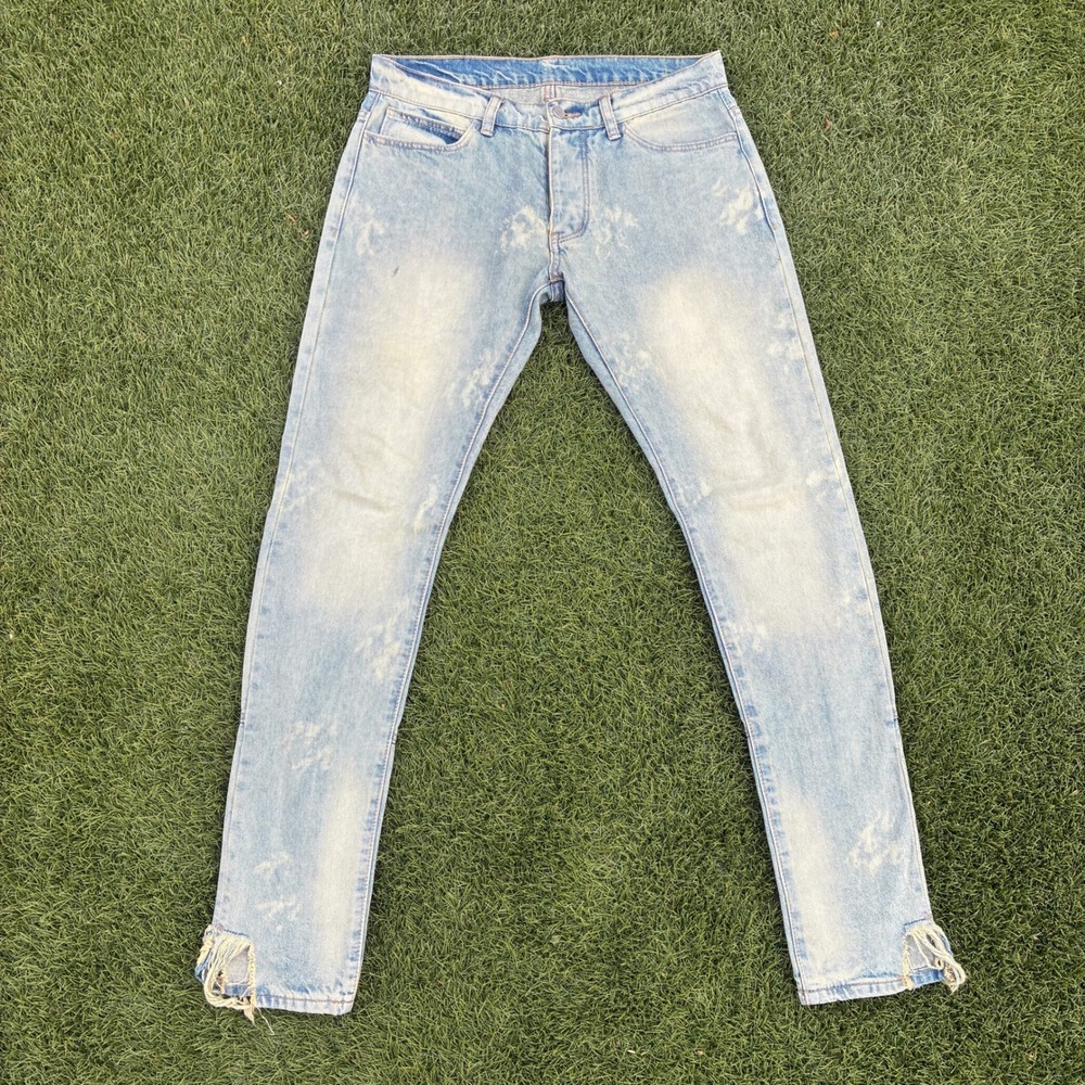 MNML Mens 32x33 Slim Fit Acid Wash Distressed Hem Denim Jeans Light Blue